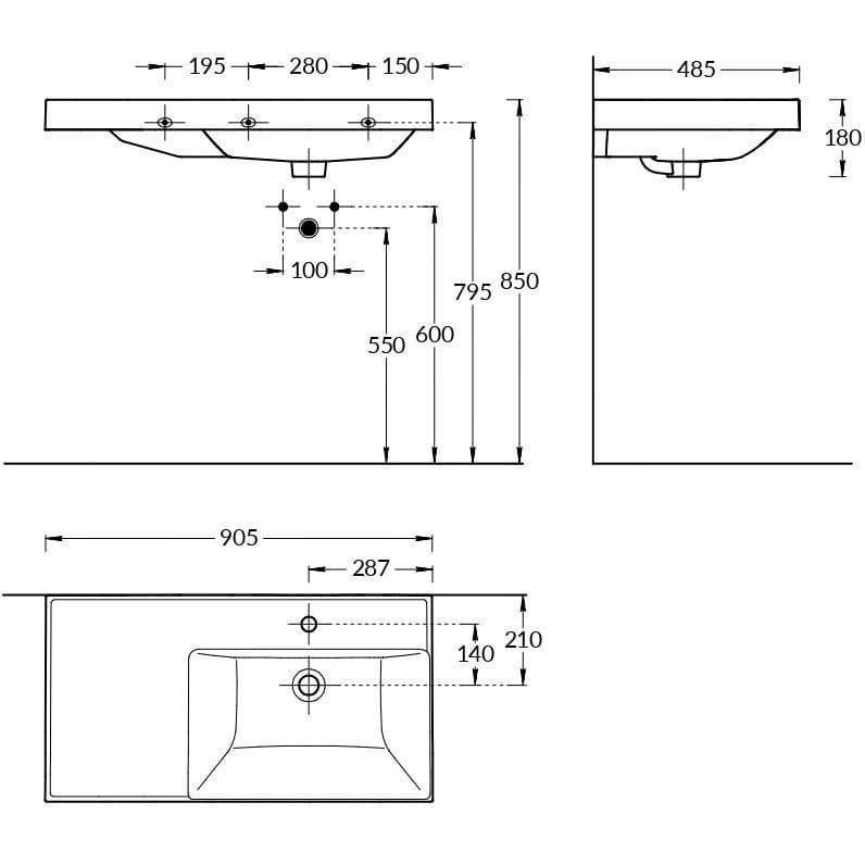 CU.wb.90Rh Раковина Cubo/Кубо правая подвесная\мебельная 90, белая глянцевая - фото 111143