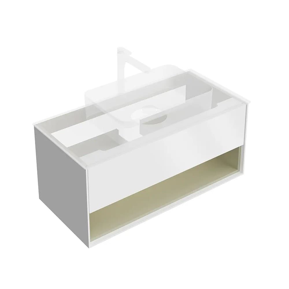 Тумба Plaza Modern/Плаза Модерн подвесная 100, push, 1 ящик, подсветка, белая матовая+шалфей