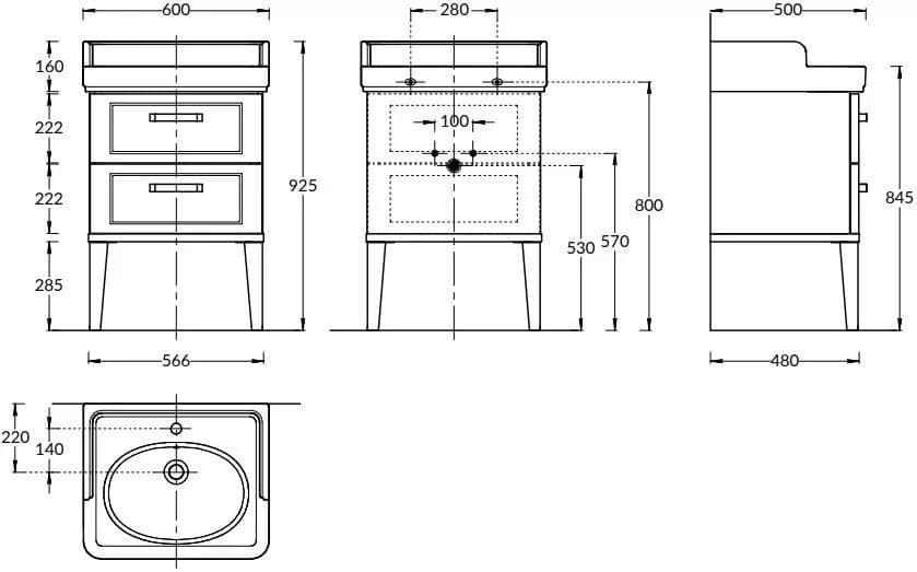 PO.M.60.2/BLK Тумба Pompei/Помпеи напольная с 2 ящиками 60, черная глянцевая - фото 129352