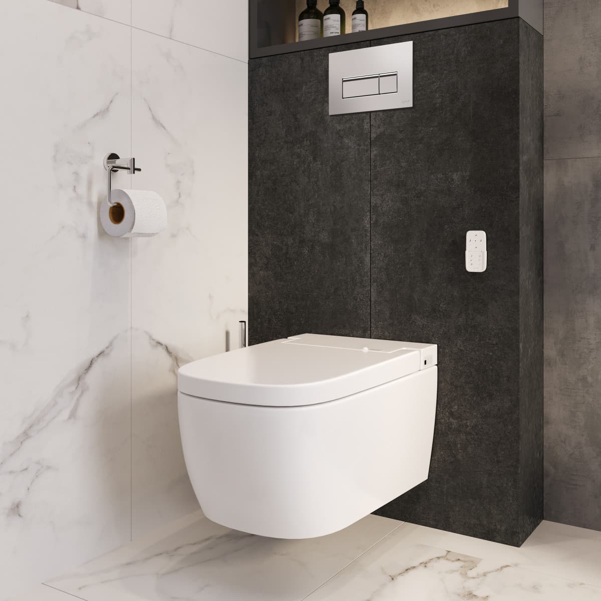 Умный унитаз VitrA V-Care (Ви-Кеар) 5674B003-6194 Comfort подвесной безободковый Rim-ex (Рим-экс) с автоматическим сиденьем и бидеткой белый санитарный фарфор антибактериальное покрытие Hygiene (Хайджн)
