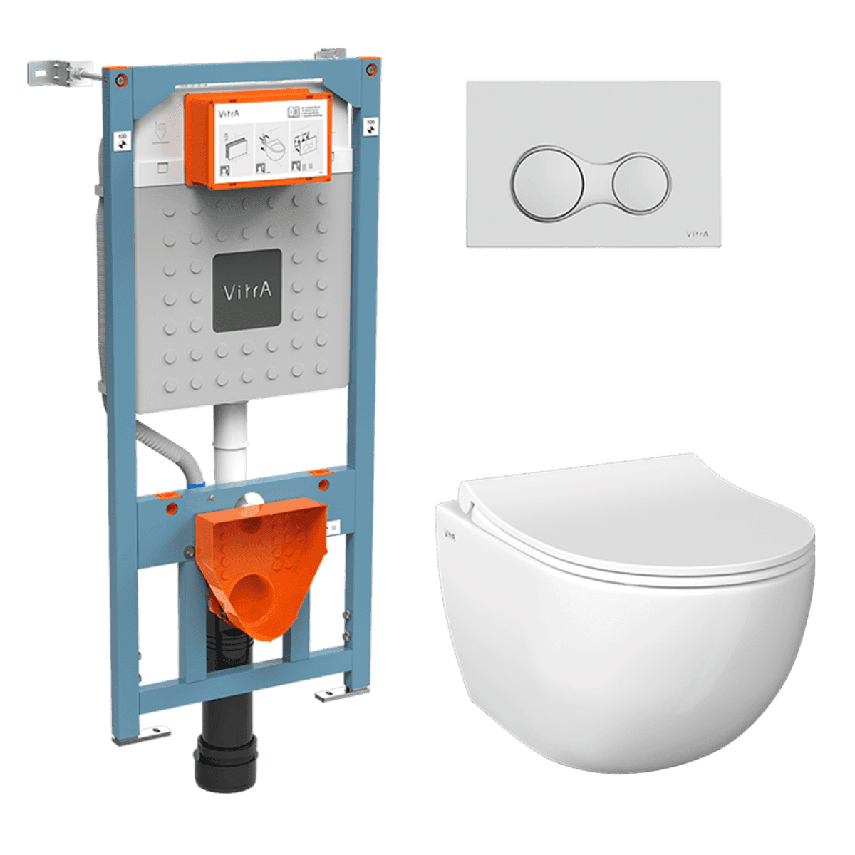 Инсталляция с унитазом VitrA Sento (Сенто) 9830B003-7207 комплект 4 в 1 с сиденьем микролифт безободковый цвет клавиши матовый хром
