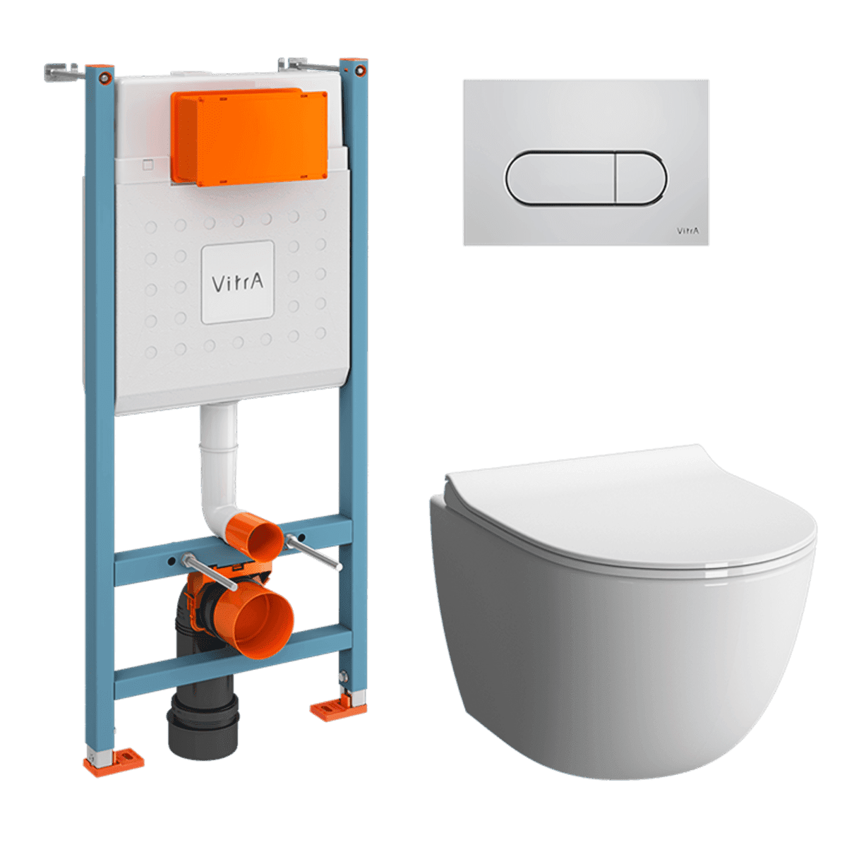 Инсталляция с унитазом VitrA Sento (Сенто) 9830B003-7212 комплект 4 в 1 с сиденьем микролифт безободковый цвет клавиши глянцевый хром