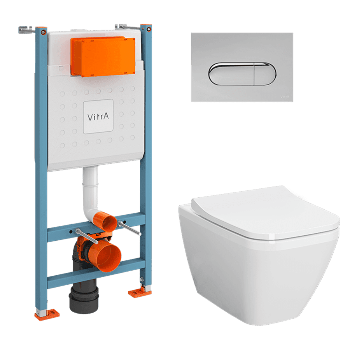 Инсталляция с унитазом VitrA Integra Square (Интегра Скуэр) 9856B003-7207 комплект 4 в 1 с сиденьем микролифт безободковый цвет клавиши глянцевый хром