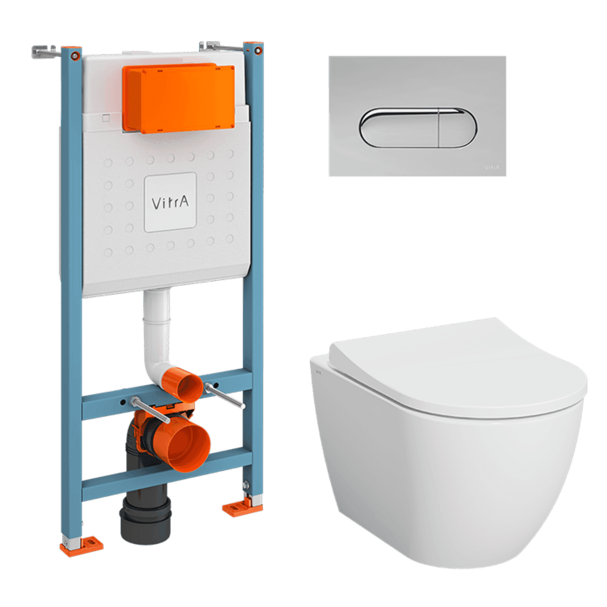 Инсталляция с унитазом VitrA Mia Round (Мия Раунд) 9873B003-7201 комплект 4 в 1 с сиденьем микролифт безободковый цвет клавиши глянцевый хром